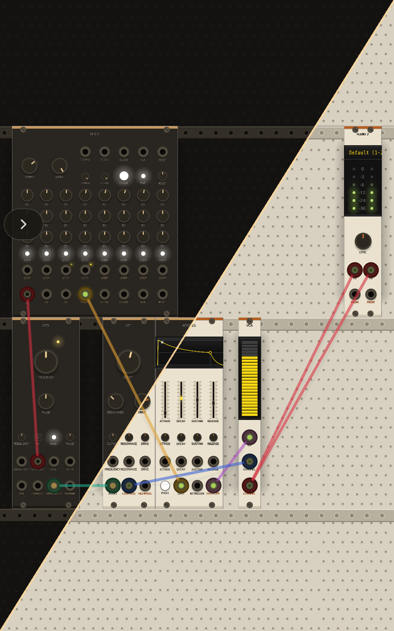 RackDroid running: a patch with a sequencer, VCO, VCF and ADSR