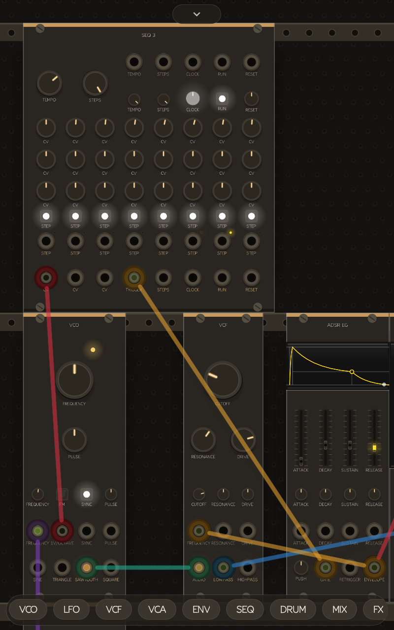 RackDroid running: a patch with a sequencer, VCO, VCF and ADSR